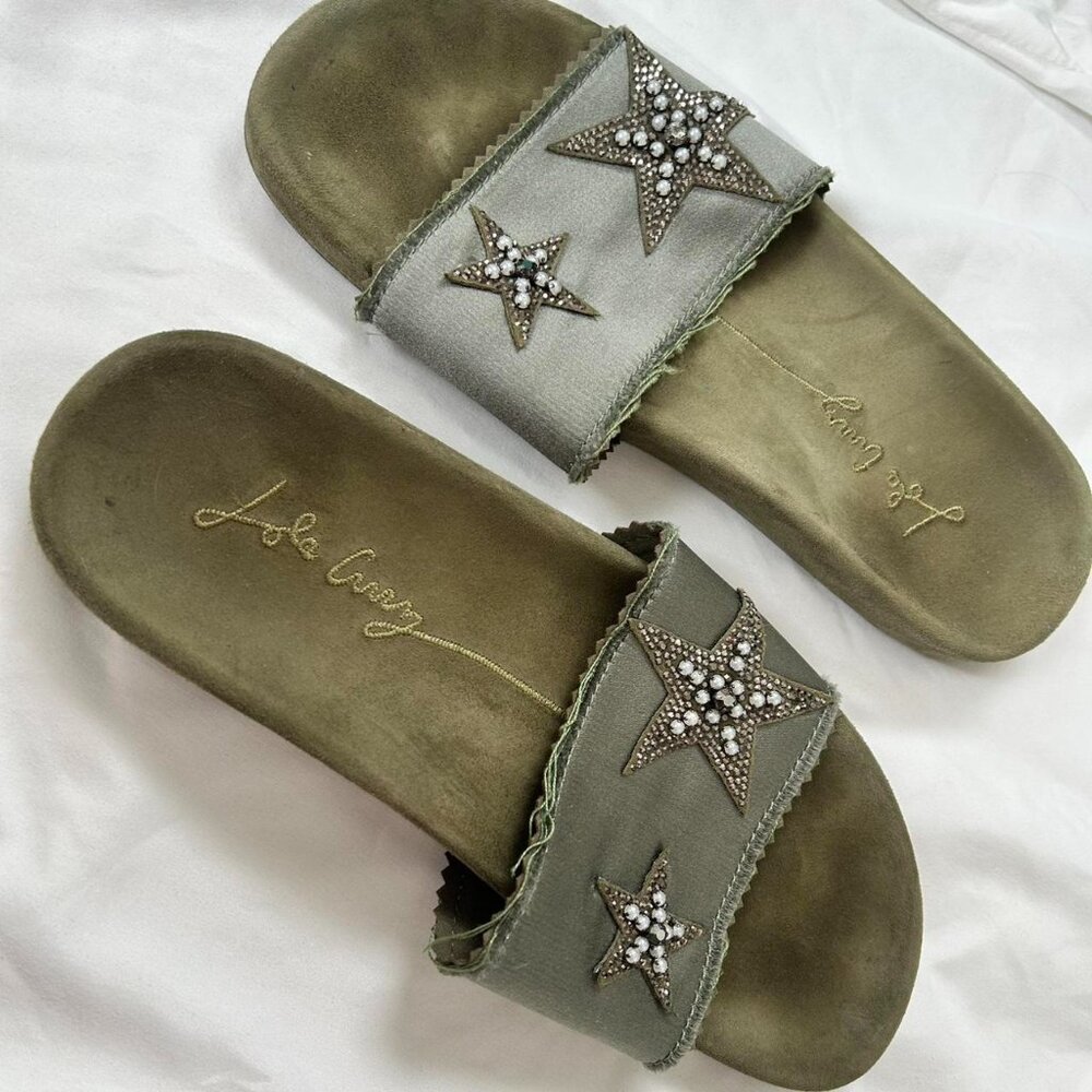 Lola Cruz by Anthropology army green bedazzled suede star slide sandals 🌟 US 9